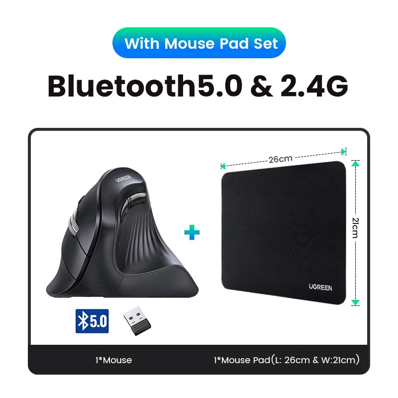 UGREEN Vertical Wireless Mouse 4000DPI with Bluetooth 5.0 and 6 Mute Buttons - LightningZap