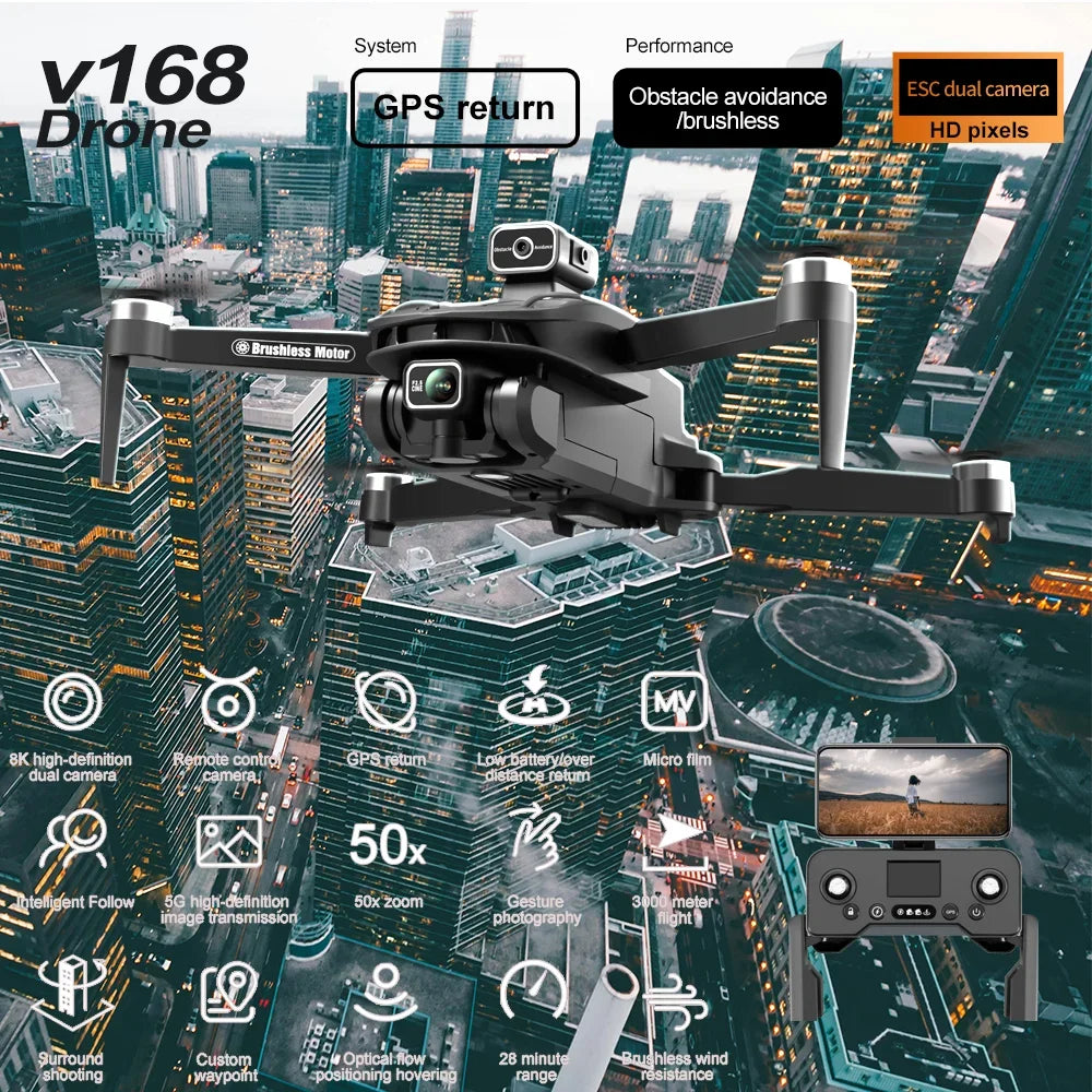 Lightning-Zap Bexine Falcon V168 Professional 8K Drone with Triple Camera, GPS, Wide-Angle Lens & Obstacle Avoidance - LightningZap