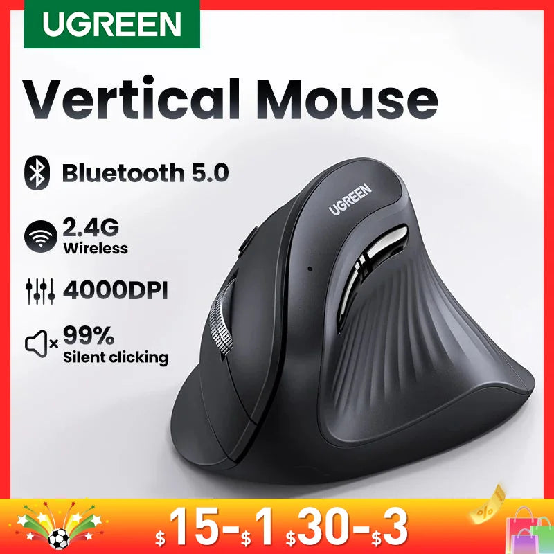 UGREEN Vertical Wireless Mouse 4000DPI with Bluetooth 5.0 and 6 Mute Buttons - LightningZap