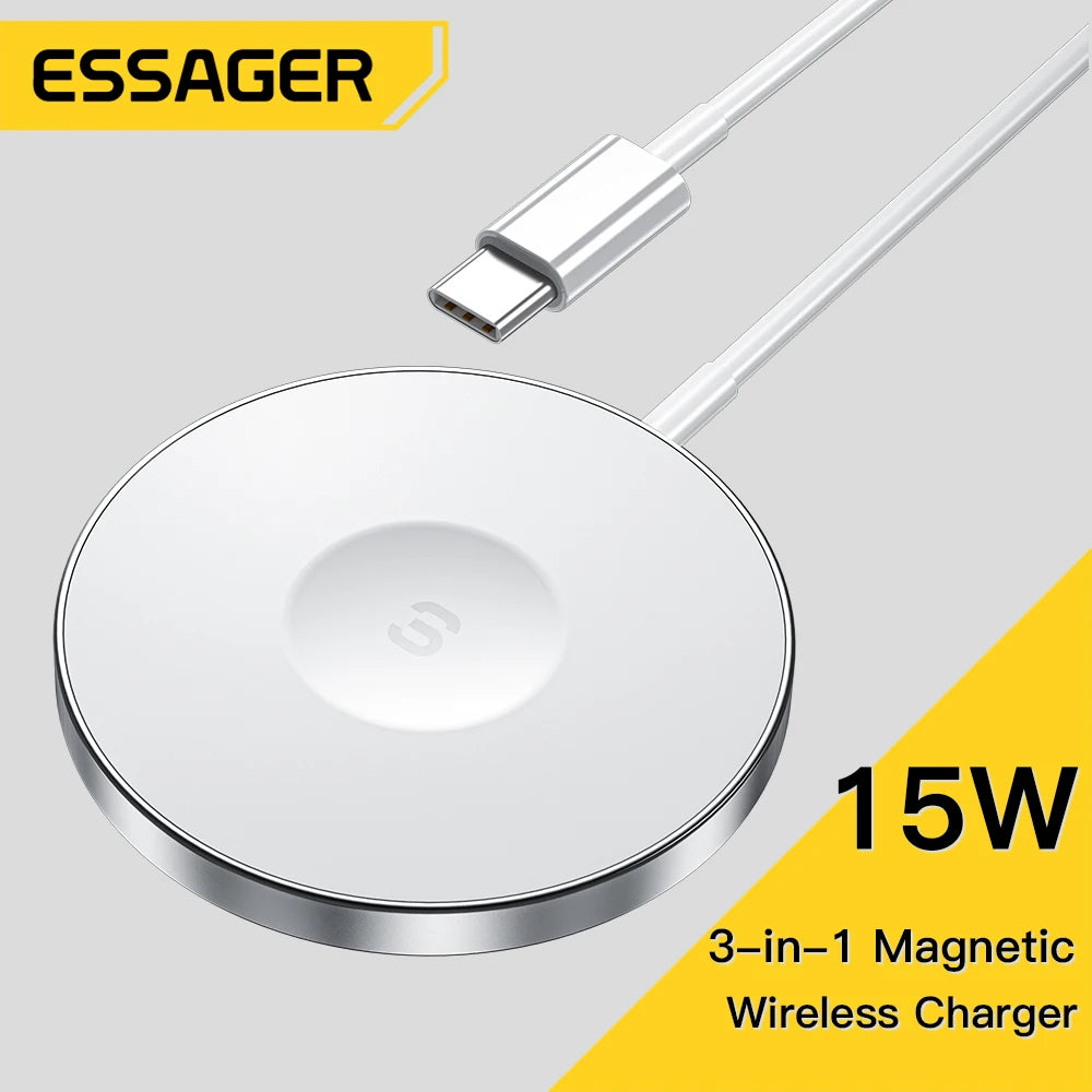 Essager Magnetic Induction Wireless QI charger 3 in 1 phone Fast Charging Stand For Iphone14 Airpods Pro Apple watch Ios Macsafe - LightningZap