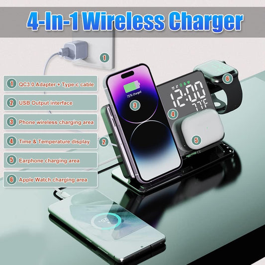 2-in-1 Wireless Rechargeable Alarm Clock with 15W Wireless Charger & Thermostat - LightningZap