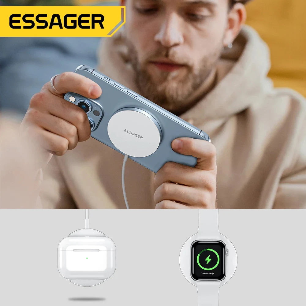 Essager Magnetic Induction Wireless QI charger 3 in 1 phone Fast Charging Stand For Iphone14 Airpods Pro Apple watch Ios Macsafe