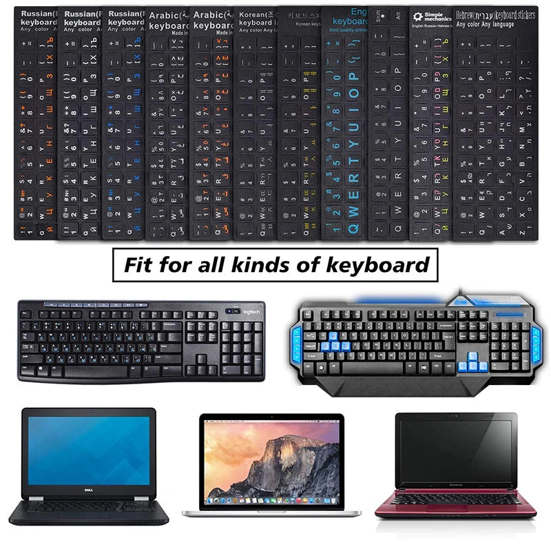 Multilingual Keyboard Stickers for PC & Laptop – English, Spanish, Italian, Korean, Black Background