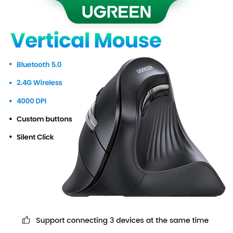 UGREEN Vertical Wireless Mouse 4000DPI with Bluetooth 5.0 and 6 Mute Buttons